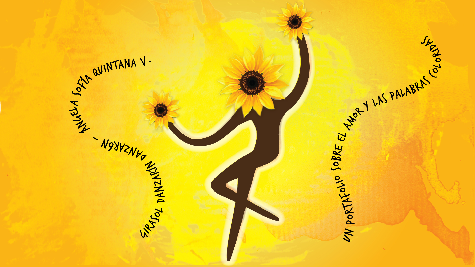 Figura de girasol danzante sobre fondo amarillo anaranjado